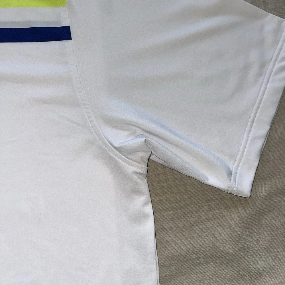 Foot Joy FJ Golf Polo Shirt Mens XL White Blue Green Stretch‎ W/Black Hawk Logo